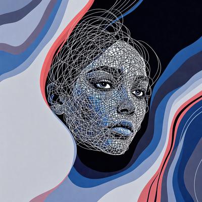 The primary subject of the image is a woman's face, which is the main focus of the image. The setting is a blue background, and the visual style is a digital art or illustration. The colors and mood of the image are predominantly blue, creating a calm and serene atmosphere.